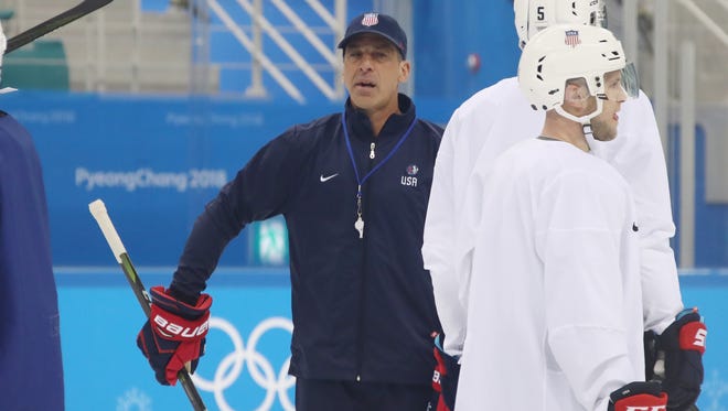 Assistant coach Chris Chelios of the Men's USA Ice Hockey Team works practice ahead of the PyeongChang 2018 Winter Olympic Games at the Gangneung Hockey Centre on February 9, 2018 in Pyeongchang-gun, South Korea.