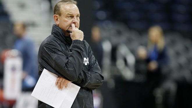 Mississippi State head coach Vic Schaefer watches during a practice session for the women's NCAA Final Four college basketball tournament, Thursday, March 29, 2018, in Columbus, Ohio. Mississippi State plays Louisville on Friday. (AP Photo/Ron Schwane)
