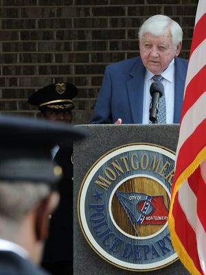 Retired Montgomery Police Chief Drue Lackey speaks during a memorial service Tuesday, Nov. 22, 2011, held  for Montgomery Police Officer Manford Furr, killed in the line of duty on Oct 12, 1974, in Montgomery, Ala. (Montgomery Advertiser, Julie Bennett)