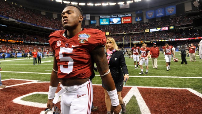 Alabama defensive back Cyrus Jones (5) walks off the field after the Allstate Sugar Bowl at the Mercedes Benz Superdome in New Orleans, La. on Thursday January 1, 2015.