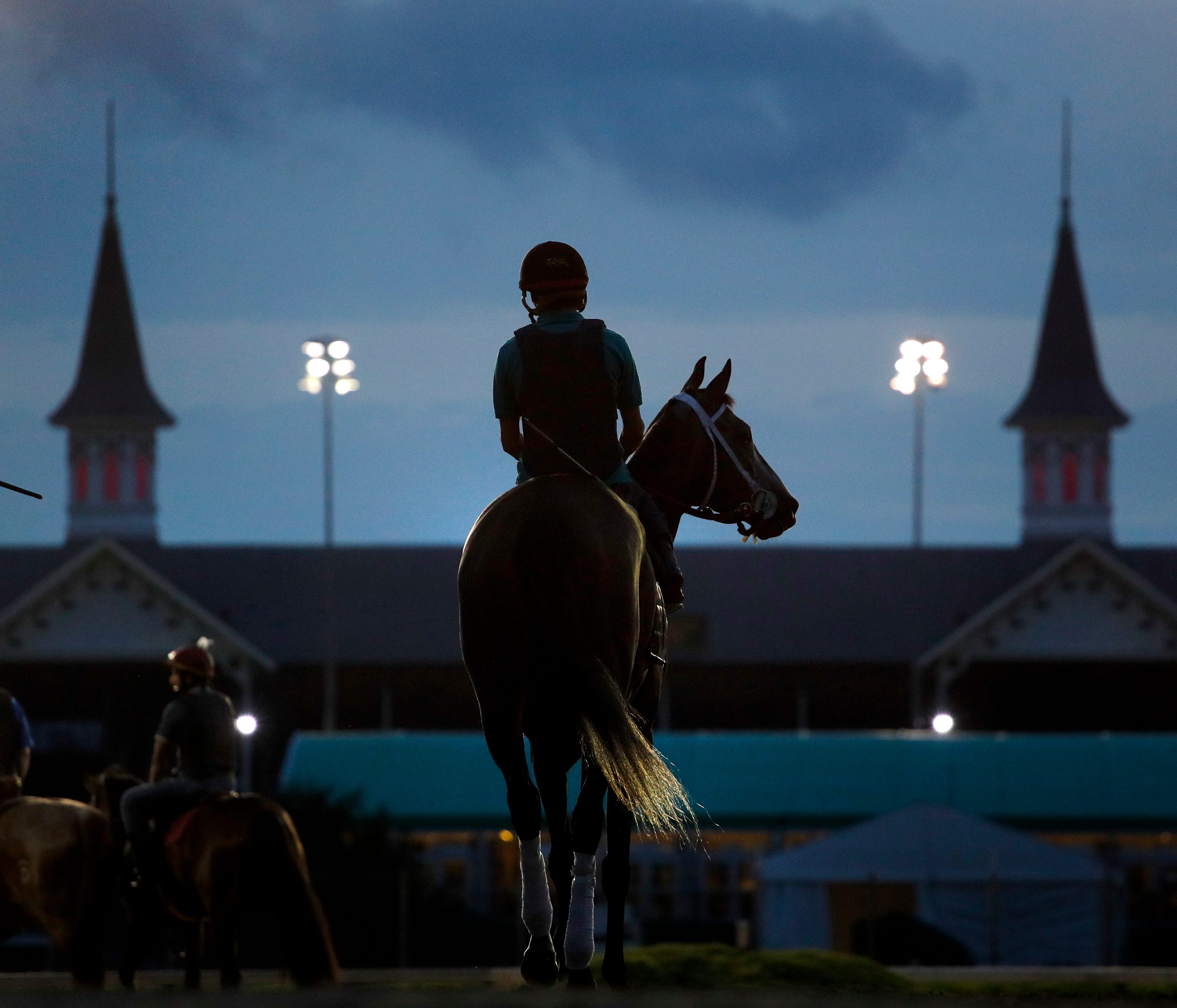 A horse heads onto the track for a morning workout at Churchill Downs Friday, May 4, 2018, in Louisville, Ky. The 144th running of the Kentucky Derby is scheduled for Saturday. (AP Photo/Charlie Riedel) ORG XMIT: KYCR102