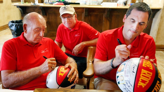 Dick Vitale, Dan Gable, and Steve Prohm sign basketballs during the 6th Annual V Foundation golf outing for Cancer research at Talons of Tuscany in Ankeny Wednesday, June 22, 2016.