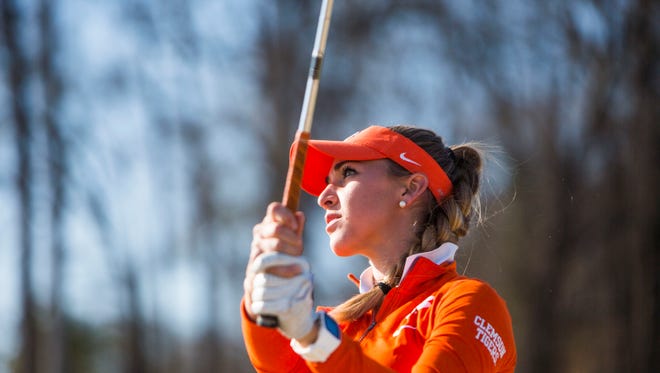 Clemson junior Marisa Messana hits a ball during women's golf practice on Feb. 13.