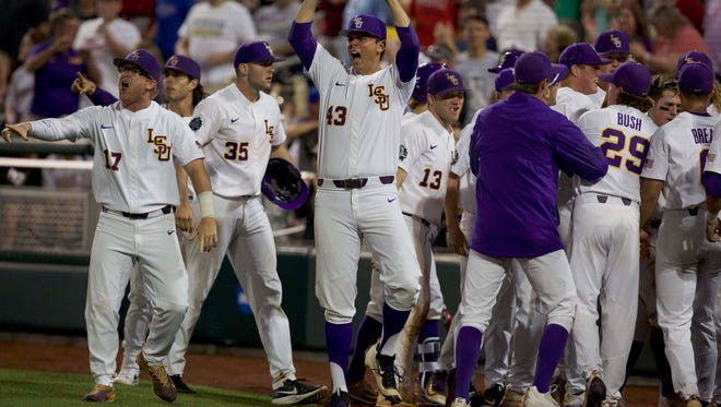 Jun 17, 2017; Omaha, NE, USA; LSU Tigers pitcher Todd Peterson (43) celebrates during the game against the Florida State Seminoles in the inning at TD Ameritrade Park Omaha. LSU won 5-4. Mandatory Credit: Bruce Thorson-USA TODAY Sports