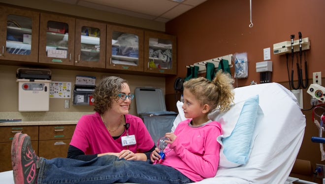 Madelyn Kincaid, right, visits with child life specialist Jennifer Armstrong at Bronson Battle Creek.