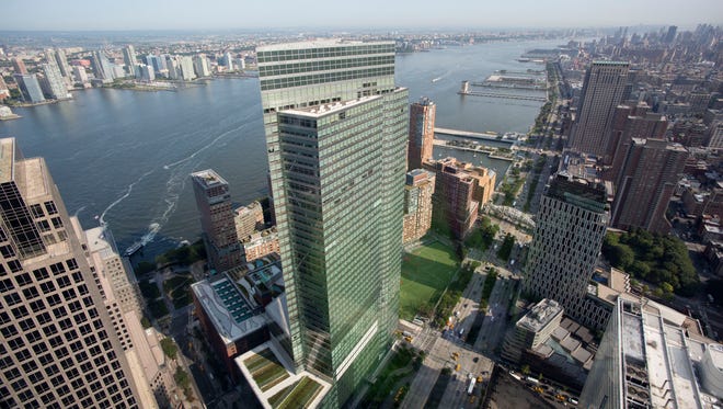 File photo taken in 2014 shows the New York City headquarters of Goldman Sachs, center, in lower Manhattan.