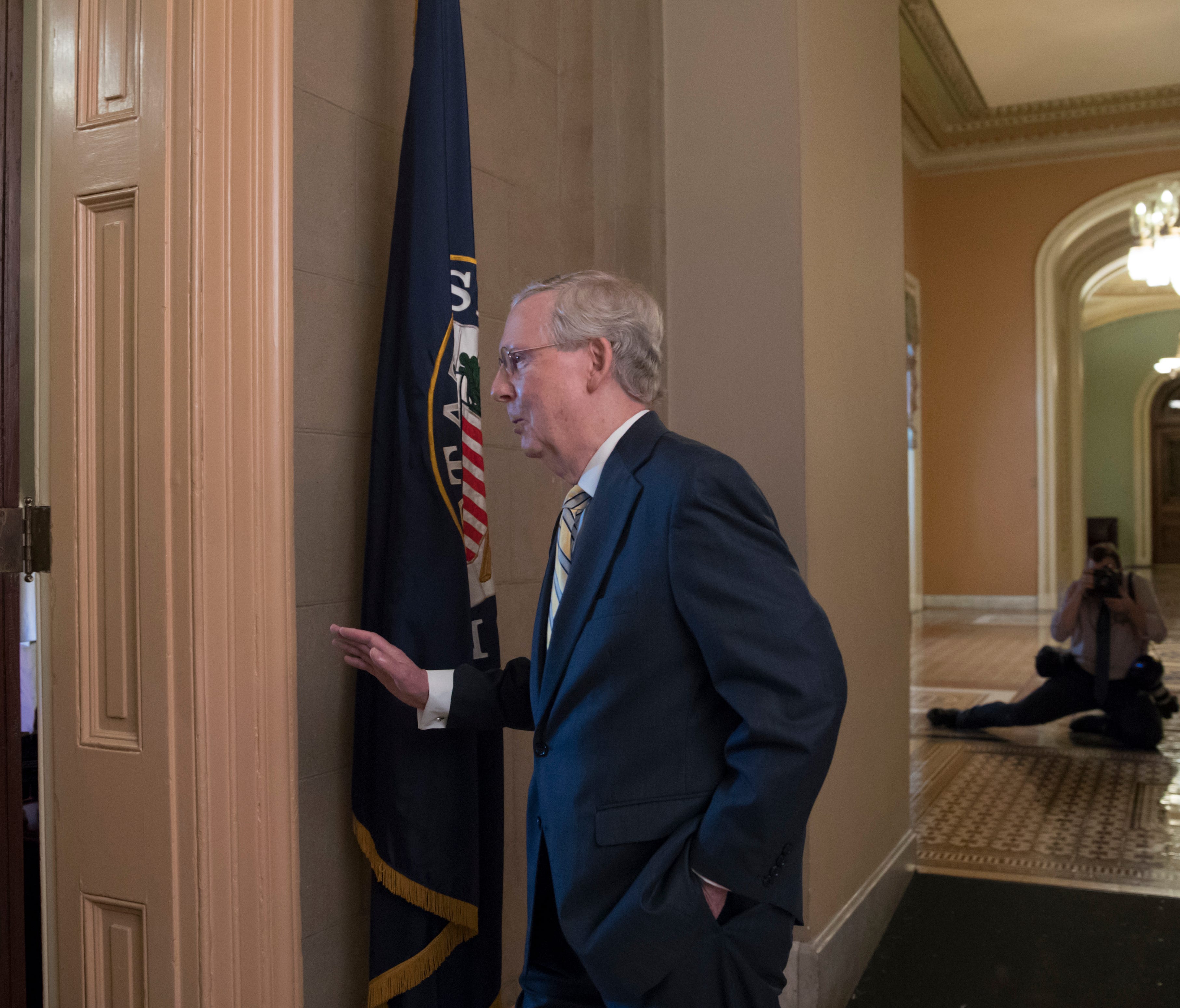 Senate Majority Leader Mitch McConnell arrives on Capitol Hill on July 13, 2017.