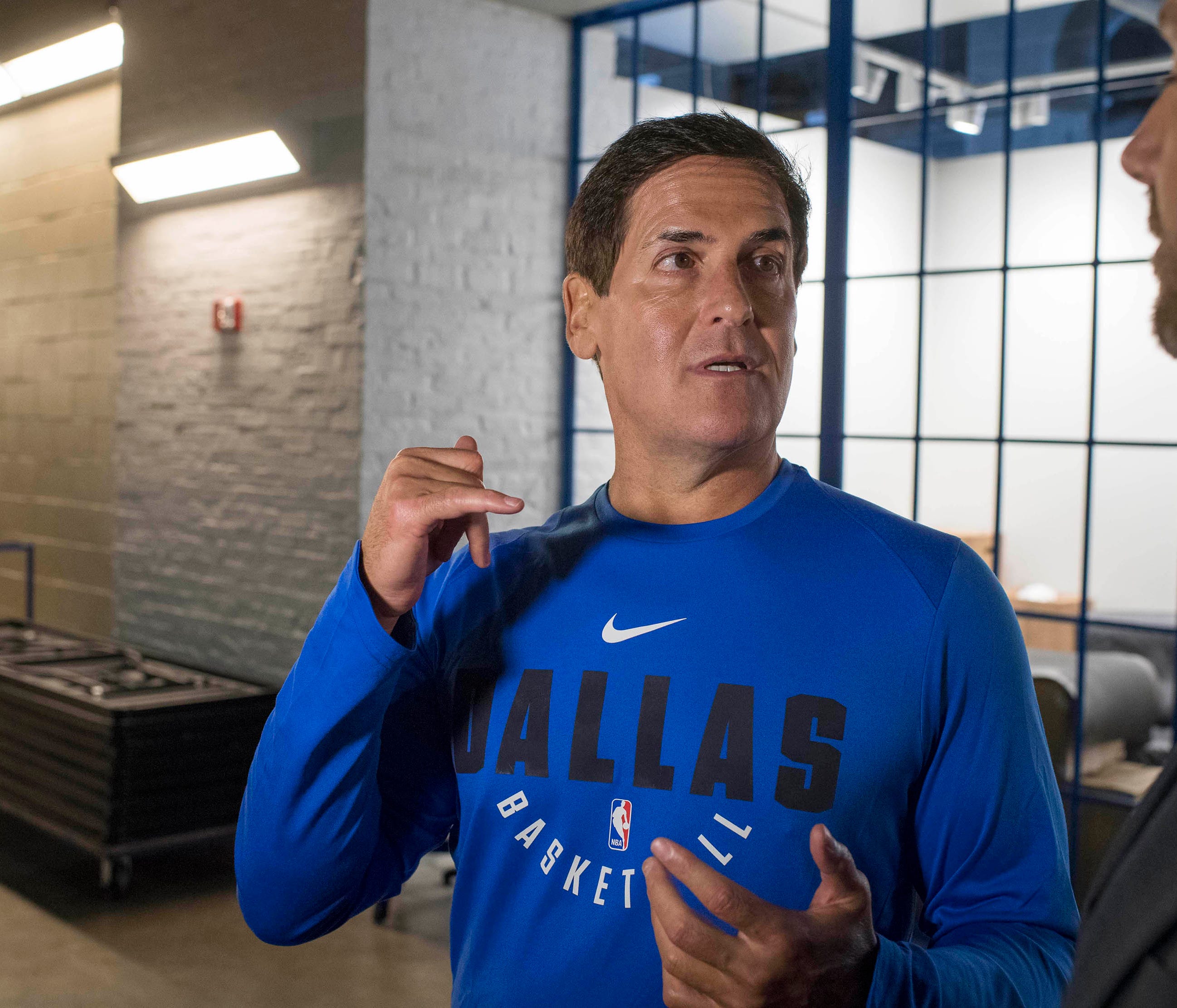 Sep 25, 2017; Dallas, TX, USA;  Dallas Mavericks owner Mark Cuban is interviewed during the Mavericks media day at the American Airlines Center. Mandatory Credit: Jerome Miron-USA TODAY Sports ORG XMIT: USATSI-363451 ORIG FILE ID:  20170925_sal_an4_7