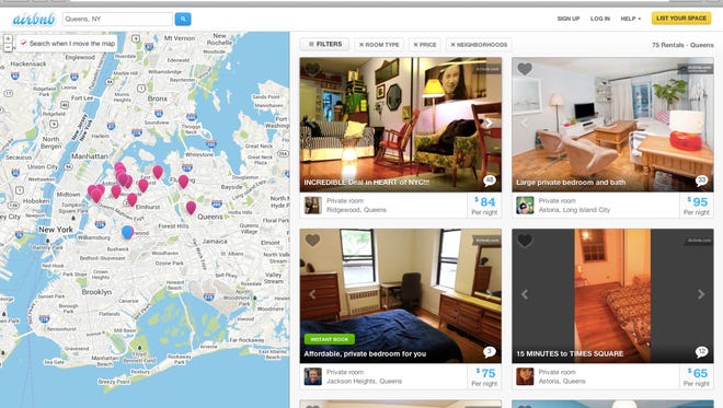 This screen shot provided by Airbnb from their website shows a typical search for listings of rooms to rent, in this case in the Queens borough of New York.