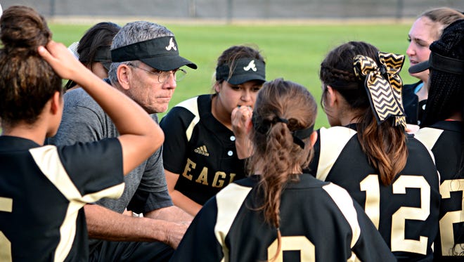 Abilene High softball coach Jim Reese talks to his team after its 8-3 loss to Keller in the District 3-6A opener for both teams Tuesday at the AHS softball field.