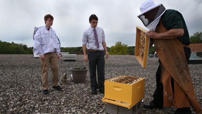 Greg Lendeck tends to some of the thousands of honeybees that have been given a home on the roof of McQuaid Jesuit High School with students Aaron Becker and Jacob Dambra.