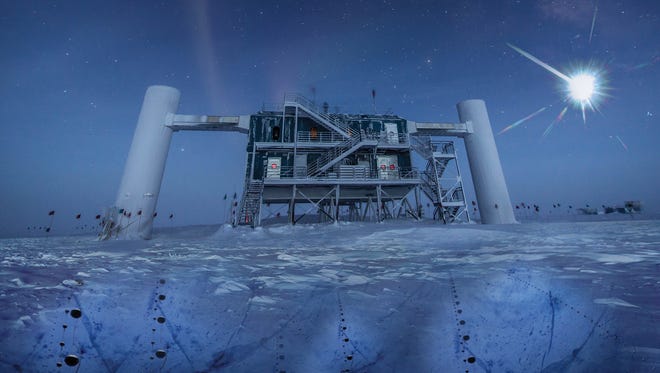 An artist's conception, based on a real image of the IceCube Lab at the South Pole, a distant
source emits neutrinos that are detected below the ice by IceCube sensors.