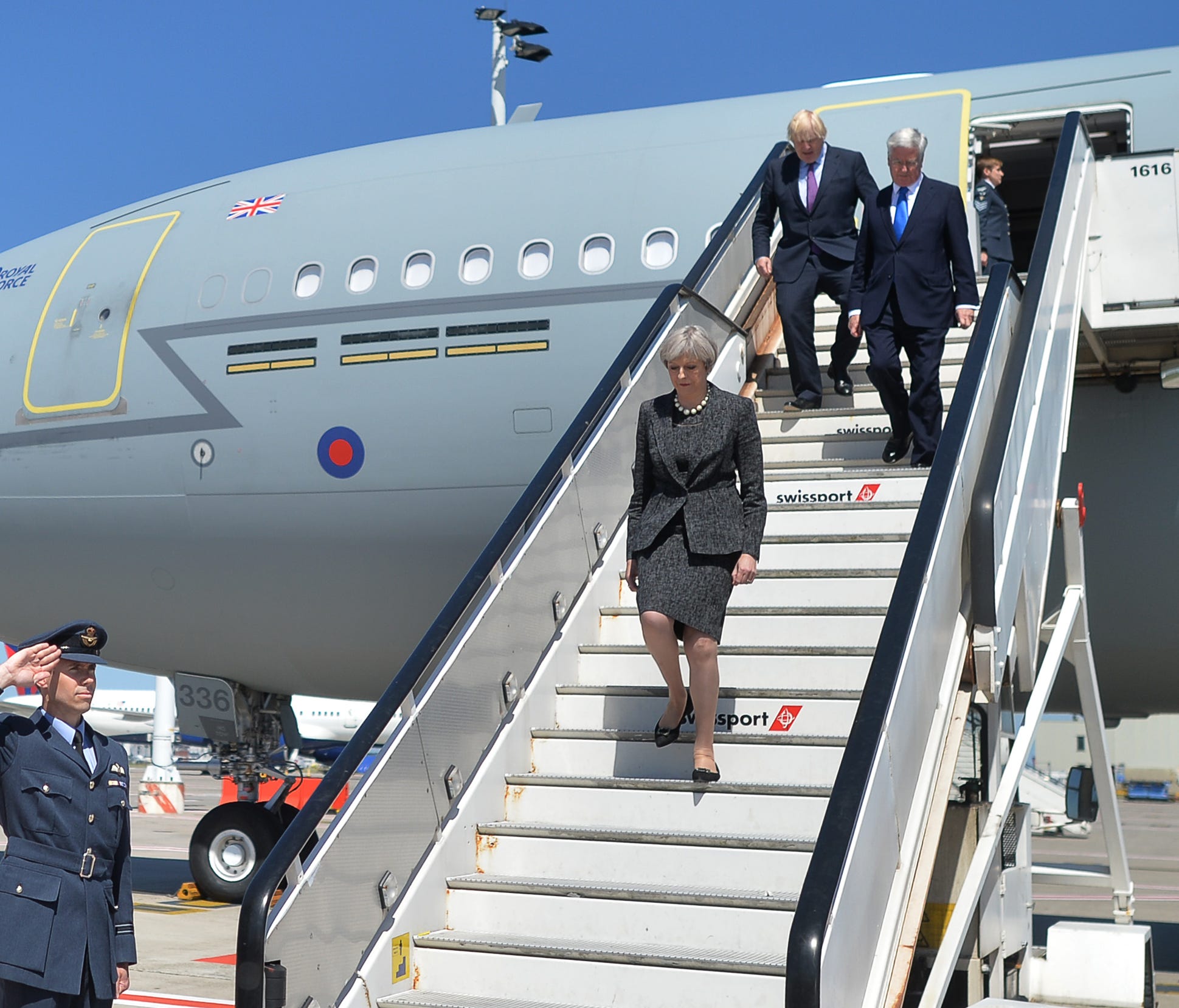 British Prime Minister Theresa May uses a $250 million Airbus A330 owned by the British Royal Air Force. Here, May disembarks a plane in Brussels, Belgium on May 25, 2017.