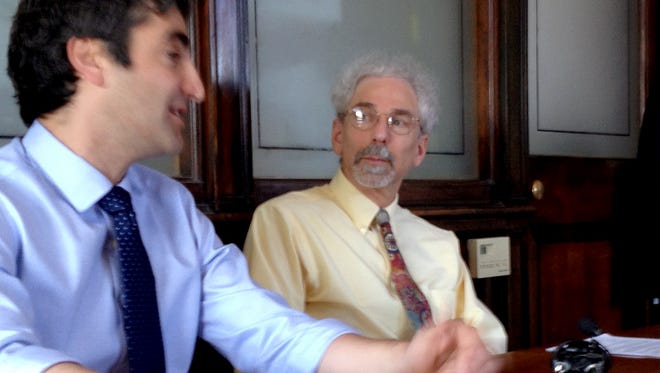 Burlington Mayor Miro Weinberger, left, sits with Chief Administrative Officer Bob Rusten last year. The city School District has declined an offer that would have installed Rusten as temporary financial administrator for the schools.