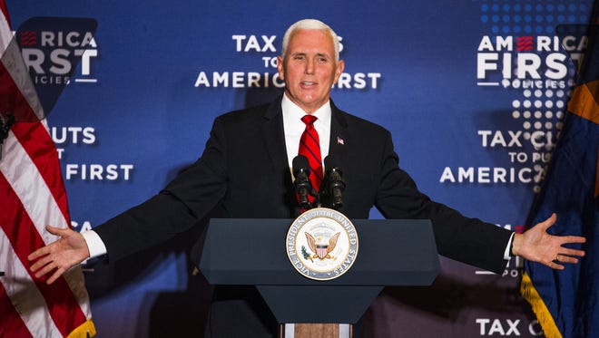 Vice President Mike Pence delivers his speech, primarily on the benefits of the recent tax cuts, at the America First Policies event at the Phoenix Marriott Resort Tempe at The Buttes on May 1, 2018.