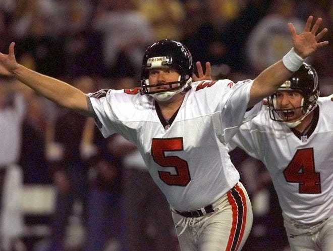 
Atlanta Falcons kicker Morten Andersen (5) and holder Dan Stryzinski (4) celebrate as Andersen's 39-yard field goal splits the uprights to give Atlanta a 30-27 overtime win over the Minnesota Vikings in the NFC Championship Sunday Jan. 17 1999 in Minneapolis. The win puts Atlanta in the Super Bowl for the first time. 
