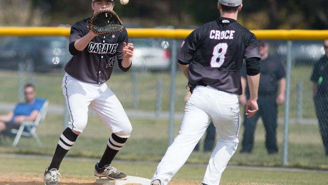 Caravel’s Tyler Croce (8) throws to Cole Reynolds for the final out of the second-ranked Buccaneers' 11-10 baseball win at fourth-ranked Cape Henlopen on Saturday.