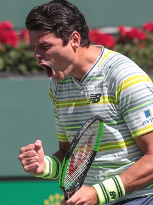 Milos Raonic, of Canada, defeats Sam Querrey in the semifinals of the BNP Paribas Open on Friday, March 16, 2018 in Indian Wells.