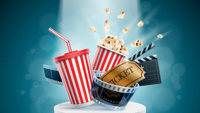 Popcorn box; disposable cup for beverages with straw, film strip, clapper board and ticket on the podium. Cinema Concept Design. Detailed vector illustration.