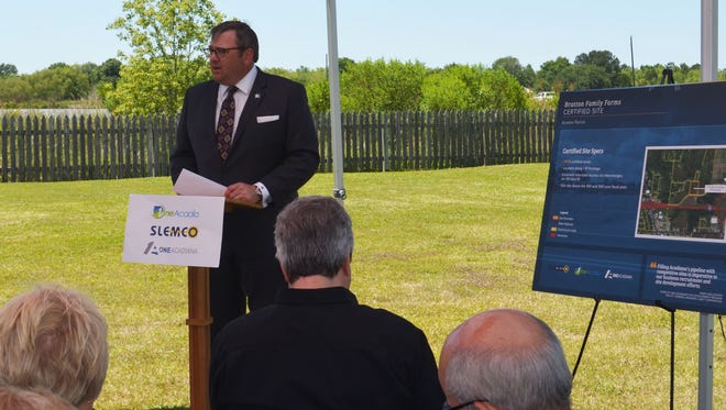 One Acadiana President & CEO Troy Wayman speaks to regional partners at the Bratton Family Farms certified site announcement Wednesday.