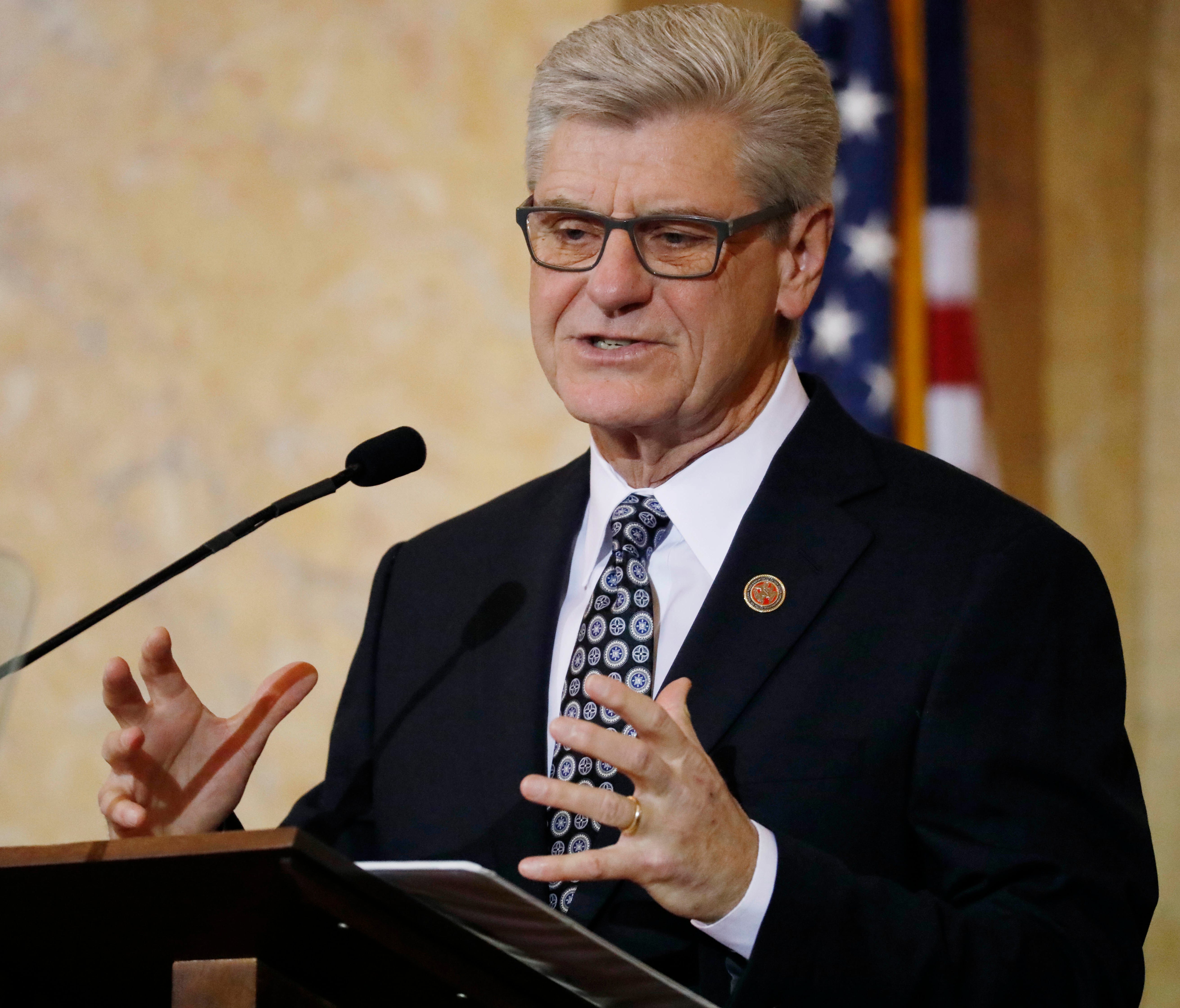 Gov. Phil Bryant outlines his legislative priorities during the State of the State address, Tuesday, Jan. 9, 2018, in House Chambers at the Capitol in Jackson, Miss.