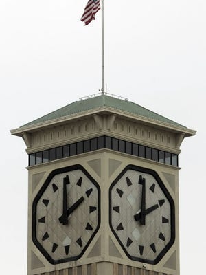 The clock atop the Rockwell Automation Inc. headquarters.