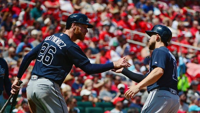 Atlanta Braves center fielder Ender Inciarte (11) celebrates with starting pitcher Mike Foltynewicz (26) after they scored during the second inning against the St. Louis Cardinals at Busch Stadium.