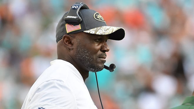 New York Jets head coach Todd Bowles looks on in the game against the Miami Dolphins during the second half at Hard Rock Stadium. The Miami Dolphins defeat the New York Jets 27-23.