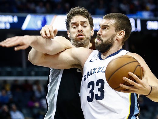 Memphis Grizzlies center Marc Gasol (right) is fouled