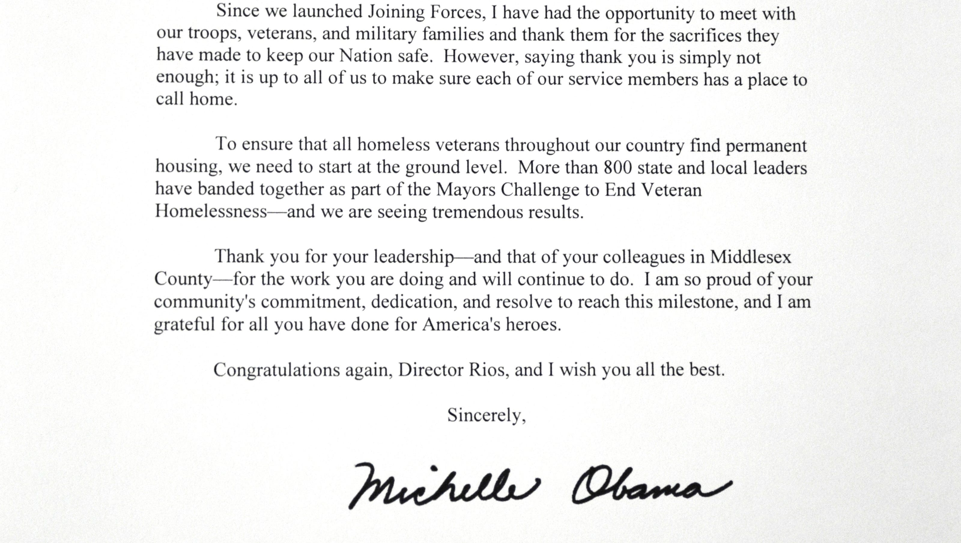 Michelle Obama Congratulates Middlesex County On Effectively Ending Veterans Homelessness