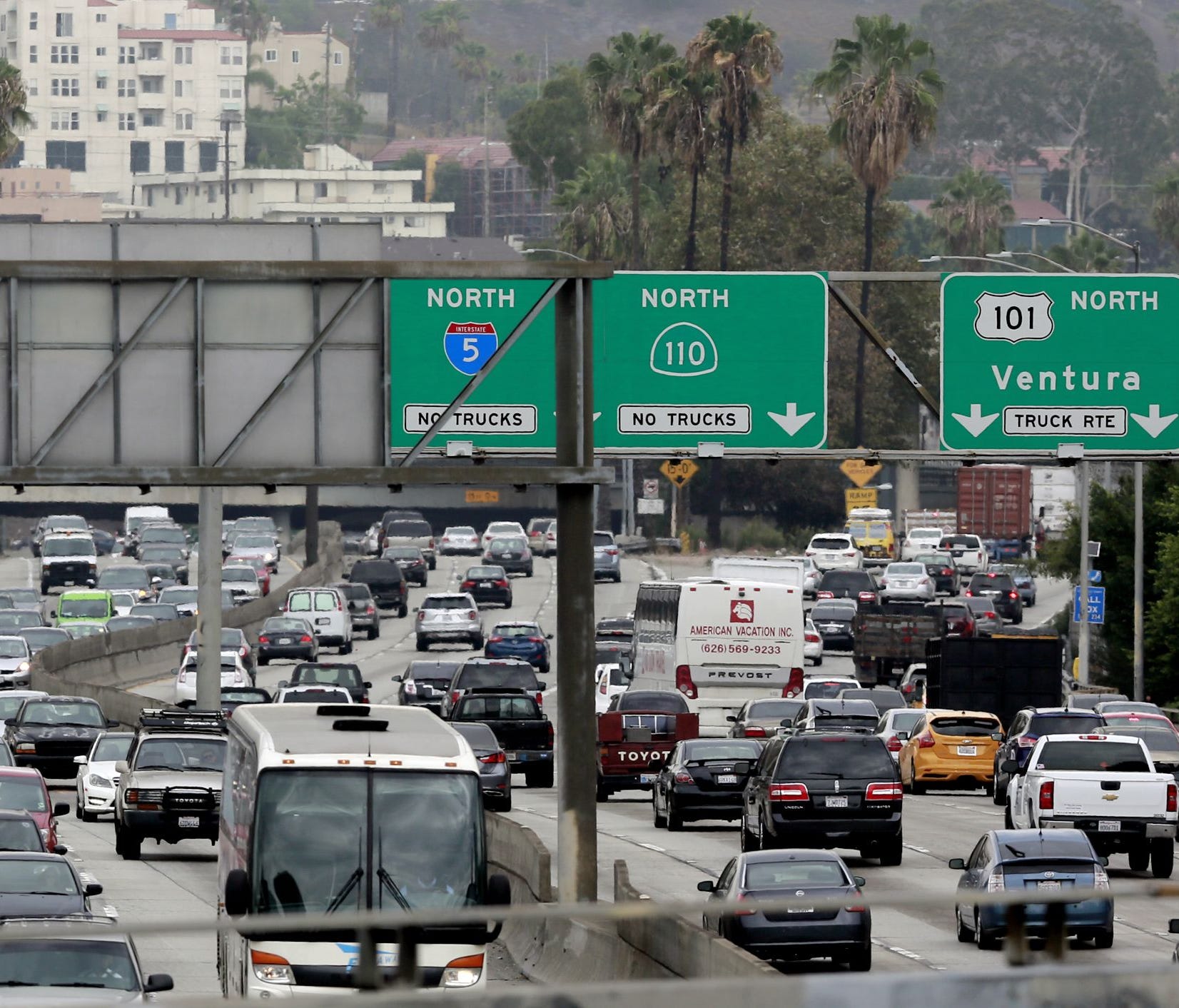 File photo taken in 2015 shows traffic tie-up as vehicles  enter the US 101 Ventura Freeway in Los Angeles as traffic from US 101 enters the California city's downtown area.