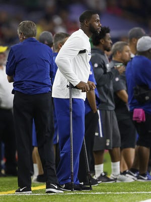 Indianapolis Colts tight end Dwayne Allen (83) on crutches on the sidelines in the third quarter of their game Sunday, Oct 16, 2016, evening at NRG Stadium in Houston TX.
