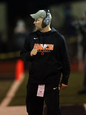 Anderson Head Coach Evan Dreyer reacts on the sideline in the playoff game between the Troy Trojans and the Anderson Redskins at Anderson High School, November 3, 2017. Anderson defeated Troy 33-0.