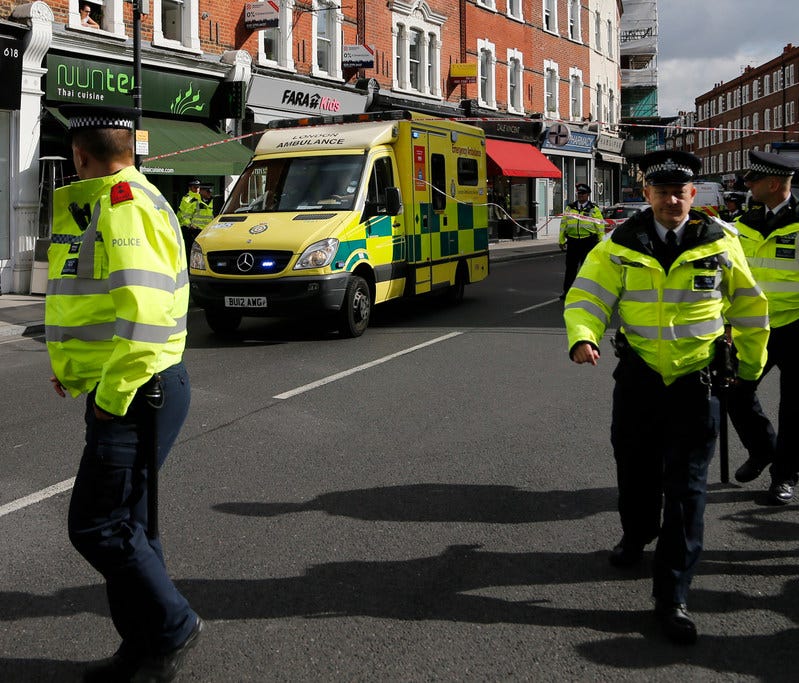 An ambulance leaves a cordon after an incident on a tube train at Parsons Green subway station in London, on Sept. 15.