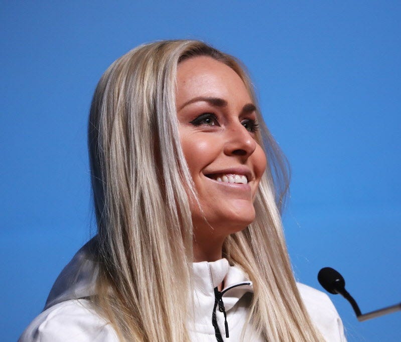Lindsey Vonn attends her press conference at the Main Press Centre during previews ahead of the Winter Olympics.