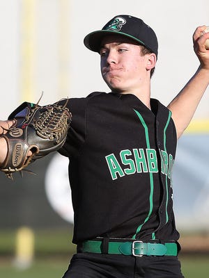 Ashbrook's Alex Woody came in to pitch the seventh inning during their 11-9 win over Highland Tech in the 33rd annual Gaston County Baseball Tournament Tuesday at Sims Legion Park.