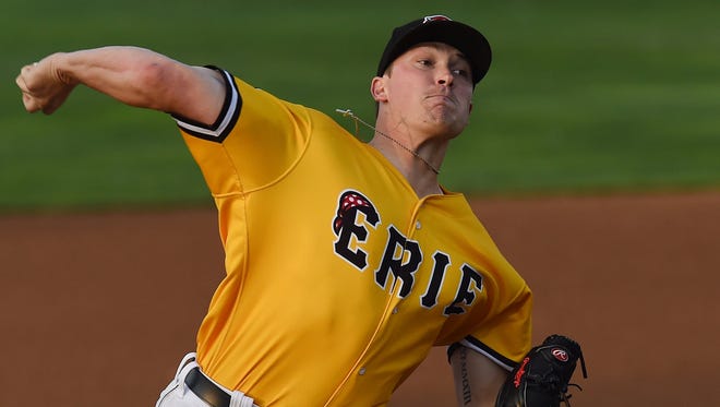 Erie SeaWolves pitcher Beau Burrows delivers a pitch against the Hartford Yard Goats on June 7, 2018, at UPMC Park.