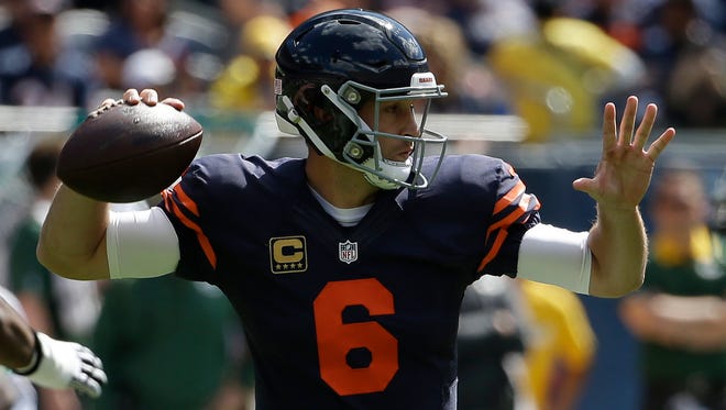 Chicago Bears quarterback Jay Cutler (6) throws a pass during the first half of a game against the Green Bay Packers on Sunday, Sept. 13, 2015, in Chicago.