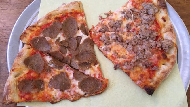 Pizza-by-the-slice is large enough at Peluso’s Apizza that each slice is served as two smaller slices. The crust is eminently foldable and offers the requisite chew.
