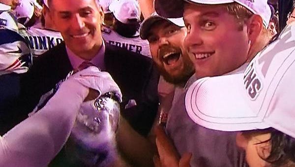Former Mississippi State linebacker Chris White (second from right) won a Super Bowl with the Patriots on Sunday.