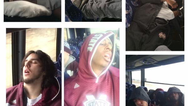 Mississippi State's basketball players rest after a long night in St. Louis.
