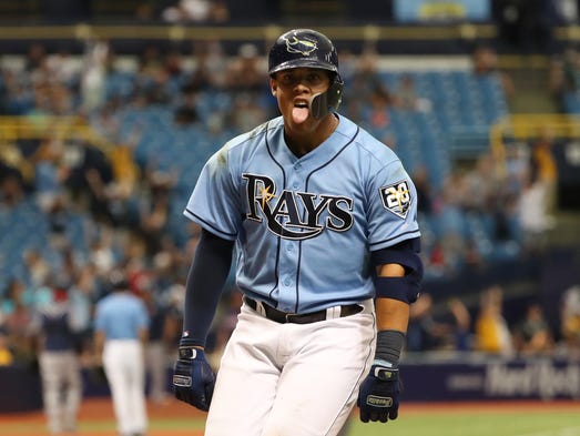 April 22: The Tampa Bay Rays' Carlos Gomez celebrates