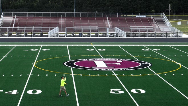 Work is almost complete on a new artificial turf field and track at Franklin High School in Franklin, Tenn. on Saturday July 28, 2018.  
