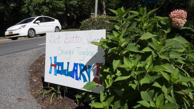 A sign along a road near the home of Democratic presidential candidate Hillary Clinton wishes her well.