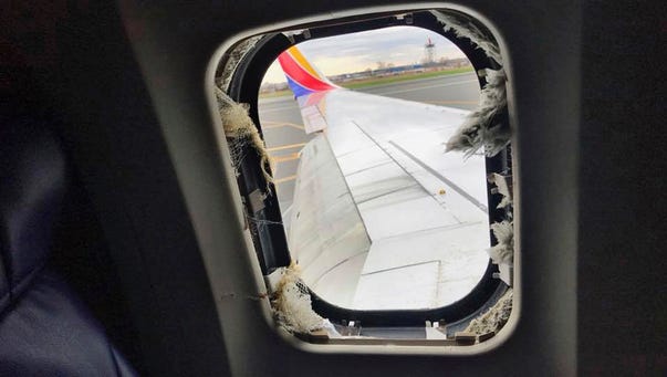 The window that was shattered after a jet engine of