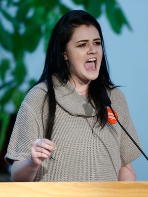 Zoe Brookshire-Risley speaks at a vigil to honor the students killed at Marjory Stoneman Douglas High School in Parkland, Florida, and to stand against gun violence Feb. 25 at the Tennessee Valley Unitarian Universalist Church in Knoxville.