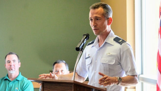 Holloman's 49th Wing commander Col. Houston R. Cantwell provided updates from Holloman at the Alamogordo Chamber of Commerce quarterly military and civilian luncheon Tuesday.