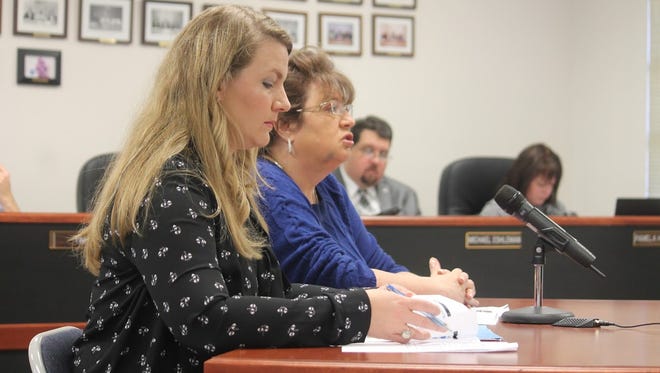 Bureau of Land Management (BLM) Deputy State Director for the Division of Land and Resources Melanie Barnes and New Mexico State Land Office (NMSLO) Deputy Commissioner Laura Riley discuss the proposed NMSLO/BLM land exchange at Thursday's Otero County Commission meeting.