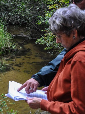 Barb Gifford, president of the Friends of the Little Plover River, looks over a flow data chart near the Little Plover River with Jerry Knuth, director of the Wisconsin Wildlife Federation. A new science-based model revealed this week could help water conservations find ways to restore the flow of the river.