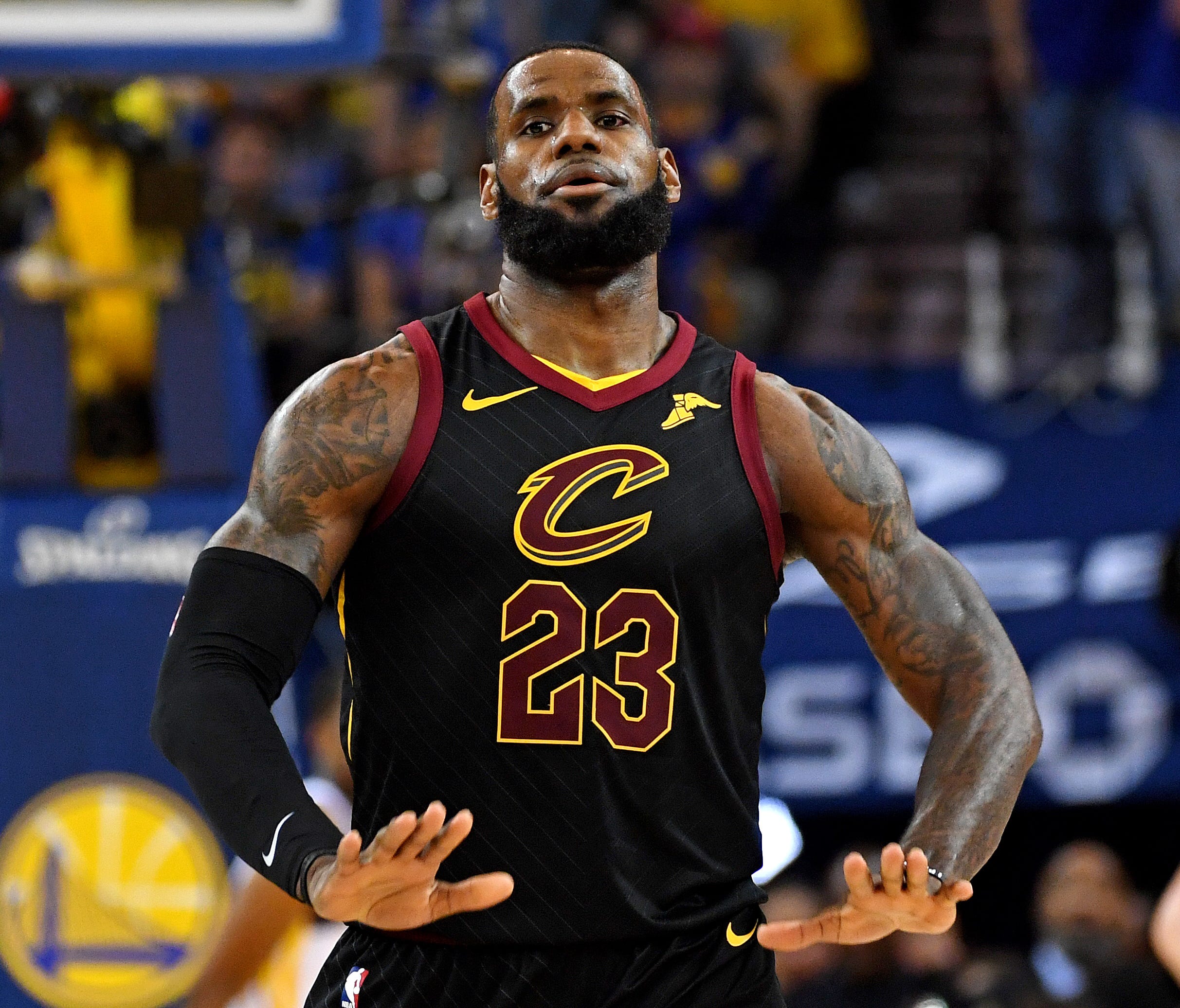 May 31, 2018; Oakland, CA, USA; Cleveland Cavaliers forward LeBron James (23) reacts after a play during the third quarter against the Golden State Warriors in game one of the 2018 NBA Finals at Oracle Arena. Mandatory Credit: Kyle Terada-USA TODAY S